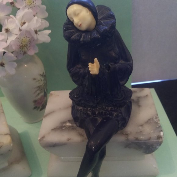 Heavy Bookends Pierrot Clown Mime Book Ends stone  Base Very old  Art Deco FLAWS - Picture 7 of 15